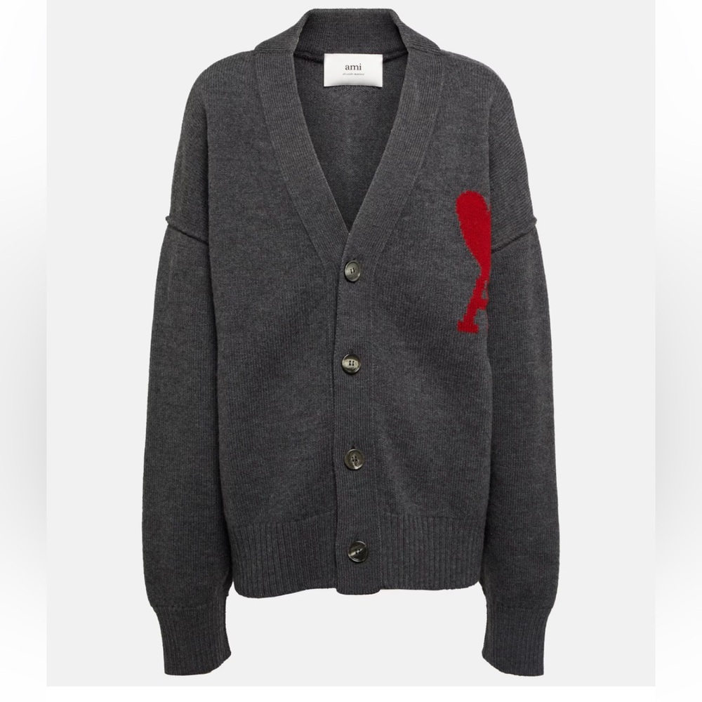 AMI Paris Gray Cardigan Sweater with Red Monogram